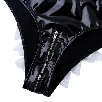 Sieviešu Wetlook Lateksa Bodycon Clubwear Lakādas Apakšveļas Komplekts Kārta-Apkakle Kultūru Tops ar Rāvējslēdzēju Crotchless Biksītes
