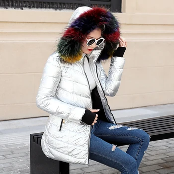Sieviešu Īsās ziemas jakas silts mētelis Sudraba krāsu stila 2019 dāmas parka Luksusa kažokādas apkakle plus izmērs S-3XL