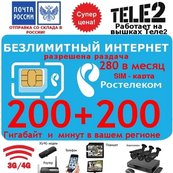 SIM kartes Rostelecom (tele2) Neierobežota Interneta Krievijā 280 rur/mēnesī 3G, 4G, Wifi, atļauts! Liels ātrums.
