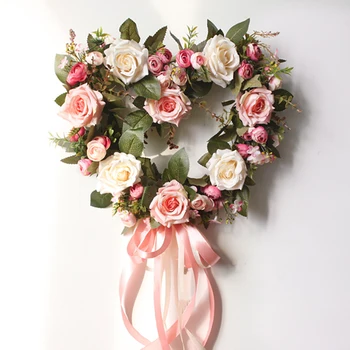 Simulācijas vainags rožu Sirds vainags slieksni, mākslīgo ziedu vainags DIY kāzu mājas puses durvju dekori slieksni ziedi dāvanu