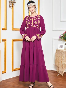 Siskakia Elegants Etniskā Izšūti Arābu Garo Kleitu Modes Purpura O Kakla Pilnu Piedurknēm Maxi Kleitas Turcija Dubaija Kaftan 2020
