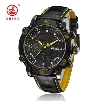Slavenu Zīmolu OHSEN Vīriešu Modes Sporta LCD rokas pulksteņi Digitālās Kvarca Pulksteņi Ādas Josla Dzeltenā Armija Ūdensizturīgs Skatīties Pulksteņi