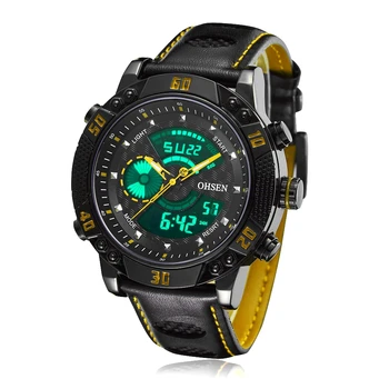 Slavenu Zīmolu OHSEN Vīriešu Modes Sporta LCD rokas pulksteņi Digitālās Kvarca Pulksteņi Ādas Josla Dzeltenā Armija Ūdensizturīgs Skatīties Pulksteņi