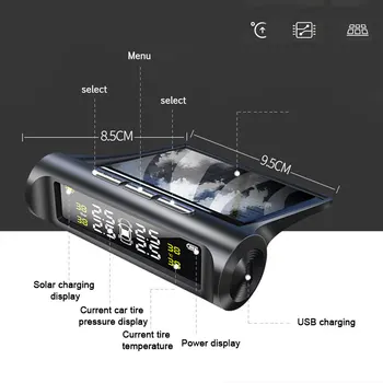 Smart Auto Riepu Spiediena Tpms Uzraudzības Sistēmas Saules Enerģijas Ciparu LCD Displejs ar USB Auto Drošības Signalizācijas 4pcsTire Spiediena Sensors