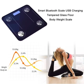 Smart Bluetooth Mēroga Grīdas Ķermeņa Svaru Skalas, USB Uzlāde, Rūdīts Stikls Body Fat BMI Svēršanas Svari