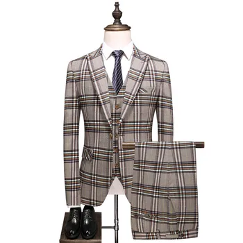 Smokings Vīriešu uzvalku retro izvēles modelis vīriešu biznesa ikdienas tērps 3-gab., žakete, bikses, veste slim fit kāzu tērpi terno masculino