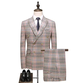 Smokings Vīriešu uzvalku retro izvēles modelis vīriešu biznesa ikdienas tērps 3-gab., žakete, bikses, veste slim fit kāzu tērpi terno masculino