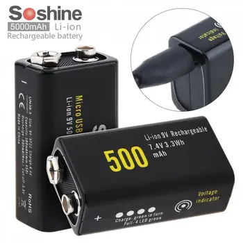 Soshine 2gab 9V 6F22 500mAh Li-ion 7.4 V 3.3 Wh Akumulators Mikro USB Aizsargājamo Multimetrs Bezvadu Mikrofonu Signāla