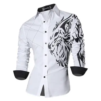 Sportrendy Vīriešu Krekls, Kleita Gadījuma garām Piedurknēm Slim Fit Modes Pūķis Stilīgs JZS045 White2