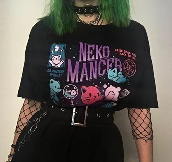 STARQUEEN-JBH Neko Mancer T-Krekls Unisex Gudrs Estētisko Grunge Black Tee Satantic Gothic Apģērbu Ragana Krekls