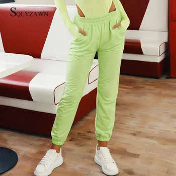 Streetwear Neona Gaismu Atstarojošu Burtu Drukas 2 Gabals, Kas Sievietēm Rudenī Augstu Uzrullētu Apkakli Ar Garām Piedurknēm Bodysuit + Bikses Zaļo Apelsīnu Apģērbs Uzvalks
