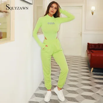 Streetwear Neona Gaismu Atstarojošu Burtu Drukas 2 Gabals, Kas Sievietēm Rudenī Augstu Uzrullētu Apkakli Ar Garām Piedurknēm Bodysuit + Bikses Zaļo Apelsīnu Apģērbs Uzvalks