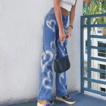 SUCHCUTE y2k Estētika Sirds Drukāt Sieviešu Džinsu Bikses ar Augstu Vidukli Sieviešu Taisnas Bikses Streetwear 90s Gadījuma Tērpiem