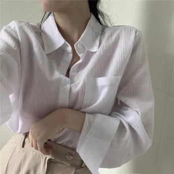 Svītrains Atloks Krekls ar garām Piedurknēm Sieviete korejas Vienu-krūšu Zaudēt Kabatas Krekls Dāmas Casual Slim Cietā Rudens Krekls Sievietēm 2020