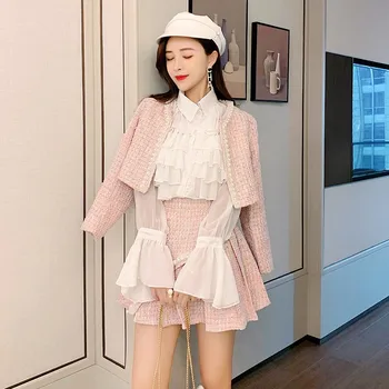 Sweet Pink Tvīda 3 Gabalu Komplekti, Sieviešu Streetwear 2020. Gadam Savirmot Garām Piedurknēm Balts Krekls Frēzēšana Tvīda Īss Kroku Svārki Uzvalks S-L