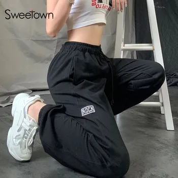 Sweetown Vēstuli Izdrukāt Gadījuma Sieviešu Jogger Treniņbikses Korejiešu Stila Augsto Vidukli Aukliņu Streetwear Sieviete Melnā Harēma Bikses