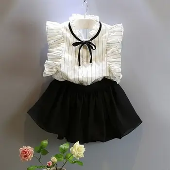 T Krekls Topi Svītrains Kokvilnas Mežģīņu Bantes + Bikses, Svārki Toddler Bērni, Bērni Meiteņu Apģērbu Komplekti Tērpiem Melnas Drēbes Meitenei