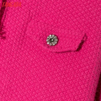 Tangada Sievietēm Eleganto Hotpink Jaciņa Frēzēšana Pogas Pušķis Vintage Džemperis Dāma Modes Trikotāžas Jaka Mētelis 4H05