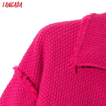 Tangada Sievietēm Eleganto Hotpink Jaciņa Frēzēšana Pogas Pušķis Vintage Džemperis Dāma Modes Trikotāžas Jaka Mētelis 4H05