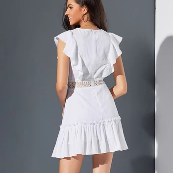 TEELYNN sexy dziļu v veida kakla dāma puse kleita woemn 2020. gada vasaras kokvilnas balta mežģīņu kleitas vestidos rufflese īsām piedurknēm mini kleita