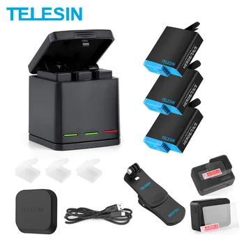 TELESIN 3 Sloti LED Akumulatora Lādētājs Kaste 3Pack Akumulatora Tips-K Kabeļa Mugursoma Klipu Rūdīta Stikla Objektīva Vāciņš, par GoPro Hero Black 8