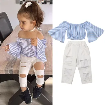 Toddler 2GAB Apģērbu Komplekts 2019 Bērniem, Baby Meitenes šortiņos Meitene Svītrains Tops+Ripped Džinsa Bikses Apģērbs, Uzvalki
