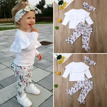 Toddler Bērniem, Baby Girl 0=5T Ziemas Drēbes Savirmot Topi Ziedu Bikses 3Pcs Apģērbs, Komplekts