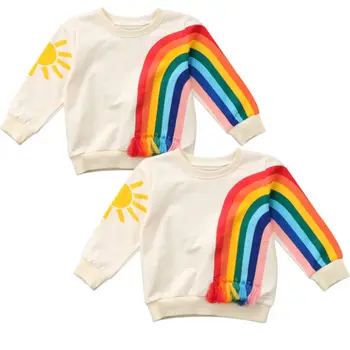 Toddler Bērniem, Meitenēm ar garām Piedurknēm Džemperis Rainbow Pušķis T-krekls Topi Kokvilnas Outwear Kapuci Topi Rudens Drēbes