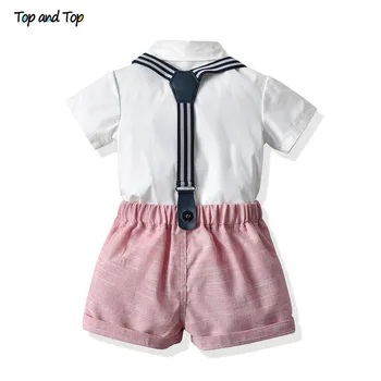 Top un Top Toddler Zēnu Apģērba Komplekts Jaundzimušo Kungs Uzvalkā ar Īsām Piedurknēm Bowtie Krekls+Zeķu Bikses Gadījuma Puiku Drēbes
