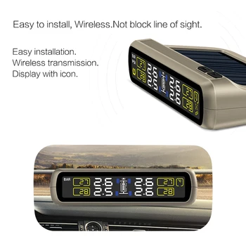TPMS Riepu Spiediena Signalizācija Ar 4 Sensoriem, USB Kabelis Un Saules Paneļu Uzlāde, Iebūvēts Augstas Temperatūras Izturīga Litija Akumulators