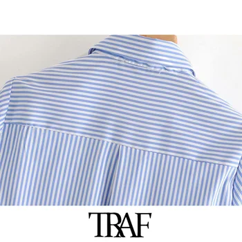 TRAF Sieviešu Modes Kabatas Svītrainām Nelegālo Blūzes Vintage Atloks Apkakli, garām Piedurknēm, Sieviešu Krekli Blusas Šiks Topi