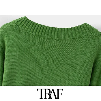 TRAF Sieviešu Modes Poga-up Apgriezts Trikotāžas Jaka Vintage Džemperis ar V veida Kakla garām Piedurknēm, Sieviešu Virsdrēbes Šiks Topi