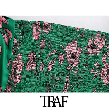 TRAF Sieviešu Salds Modes Ziedu Drukāt Apgriezts Blūzes Vintage V Kakla Puff Piedurknēm Atpakaļ Stiept Sieviešu Krekli Šiks Topi