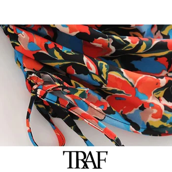 TRAF Sieviešu Šiks Modes Ziedu Drukāt Asimetriska Mini Kleita Vintage garām Piedurknēm Sānos Rāvējslēdzējs Aukliņu, Sieviešu Kleitas