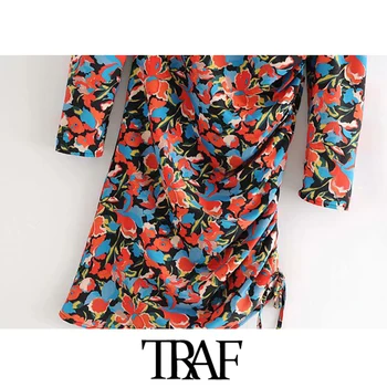 TRAF Sieviešu Šiks Modes Ziedu Drukāt Asimetriska Mini Kleita Vintage garām Piedurknēm Sānos Rāvējslēdzējs Aukliņu, Sieviešu Kleitas