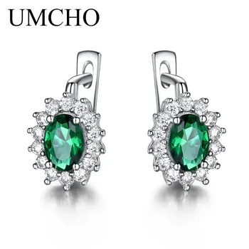 UMCHO Cietā 925 Sterling Silver Green Emerald Zilā Safīra Akmens Klipu Auskari Sievietēm, Kāzu Rotas, Kāzu Diana Jauns