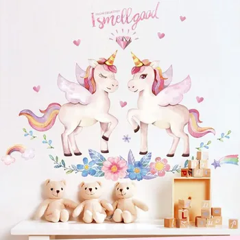 Unicorn Karikatūra Sienas Uzlīmes Bērnu Istabas Dekors Meiteņu Guļamistabu Dekorēšanai Plakāti Cute Dzīvniekiem, Sienas Uzlīmes uz Sienas