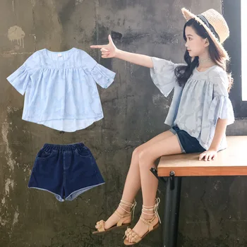 Vasaras Bērnu Bērnu Apģērbu Meiteņu Apģērbu Komplekti Modes Šifona ar Īsām Piedurknēm Krekls Džinsa Bikses 2gab Bērnu Apģērbs, Kostīmi Tērpi