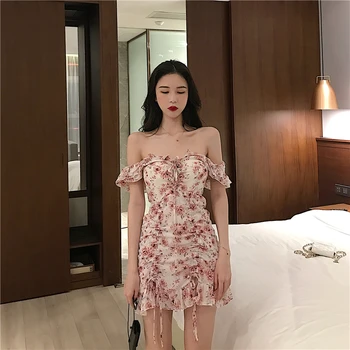 Vasaras Korejas Palazzo Elegants Mežģīnes Up Ziedu Kleitu Slim Šifona Pārsējs Bodycon Kleitas Dāmas 2019 Jaunu Vintage Sieviešu Apģērbs