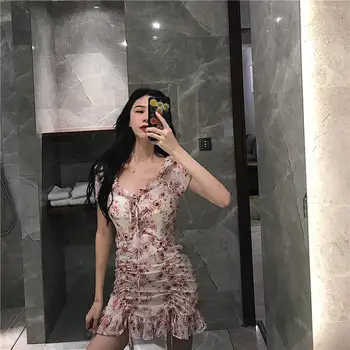 Vasaras Korejas Palazzo Elegants Mežģīnes Up Ziedu Kleitu Slim Šifona Pārsējs Bodycon Kleitas Dāmas 2019 Jaunu Vintage Sieviešu Apģērbs