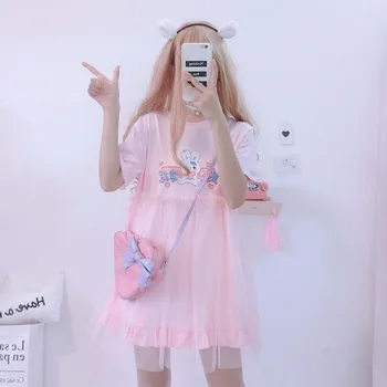 Vasaras Lolita Kleitas 2020. Gadam Japāņu Kawaii Trušu Cute Anime Īsām Piedurknēm Rozā, Balta Kleita Gadījuma T Krekls, Kleita Sieviešu Apģērbs