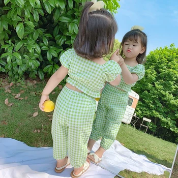Vasaras Meiteņu Drēbes, Uzstādīt 2020 Jaunu Cute Pleds Topi+Bikses 2 Gab Uzvalks Modes Princese Meitenes Apģērbu BC976