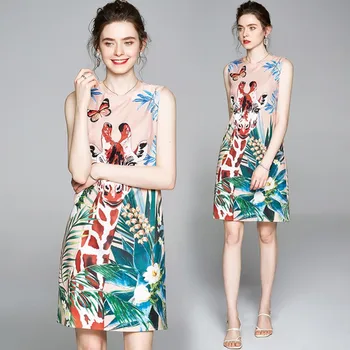 Vasaras Modes Dizainers Kleita Sieviešu Piedurknēm Dzīvnieku žirafe džungļu Ziedu Drukāt Mini Īsas Kleitas