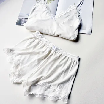 Vasaras V-veida Kakla Cieto sieviešu pidžamas komplekts Modes Mežģīnes, Elastīgs, Ērts Pidžamas Komplekts Sieviešu Sexy Camis un īsās Bikses Kopa guļamistabas komplekts