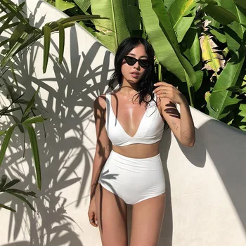 Vasarā Jauni Vienkārša Retro Sexy Dziļu V Augsts Viduklis, Vēders, Kas Aptver Slim Sadalīt Bikini Karstā Pavasara Brīvdienu Peldkostīms Sievietēm