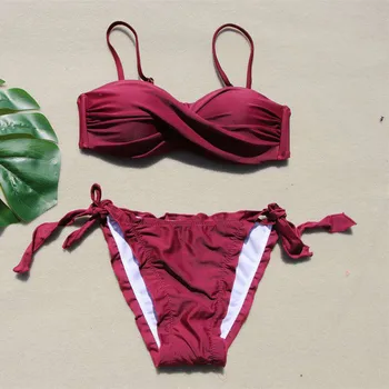 Vasarā Populāri Push-Up Polsterējumu Pārsējs Tīrtoņa Krāsu Sadalīt Peldkostīmi Sieviešu Sexy Beach Bikini Uzvalks Divdaļīga Beachwear Biquini