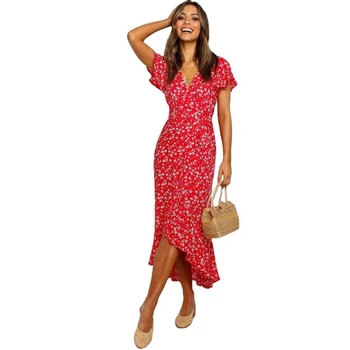 Vasarā Sievietēm, Gara Kleita Gadījuma Drukāt V-Veida Kakla Īsām Piedurknēm Sarkanās Kleitas Sieviete Modes Asimetriski Dalīts Ruffles Midi Kleitas Drēbes
