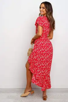 Vasarā Sievietēm, Gara Kleita Gadījuma Drukāt V-Veida Kakla Īsām Piedurknēm Sarkanās Kleitas Sieviete Modes Asimetriski Dalīts Ruffles Midi Kleitas Drēbes