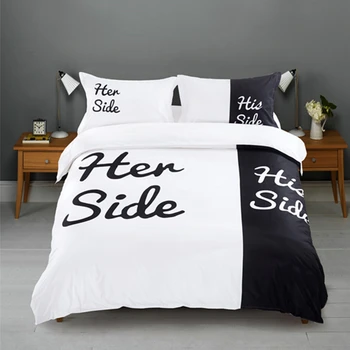 Vienkārši Melns + Balts Viņas Pusē Viņa Pusē, gultas komplekti Karaliene/King Size divguļamā gulta 3pcs Gultas Veļa Pāri Duvet Cover Set