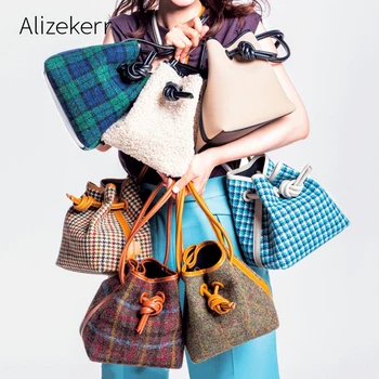 Vilnas Houndstooth Kausa Soma Sieviešu 2019 Ziemas Japāņu Dizainera Pleds Sintētiskās Vilnas, Maki Un Somas Aukliņu Gadījuma